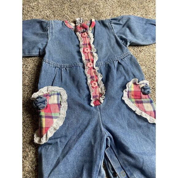 Vintage Gitano Kids Romper Girls 18M Blue Denim Jean Hearts Floral Bows 90s - Picture 2 of 4